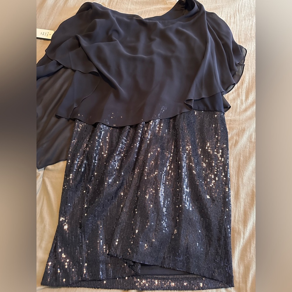 BNWT NAVY SEQUIN OFF SHOULDER / ONE SHOULDER DRESS - SIZE 12